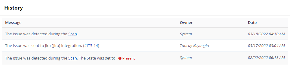 A log entry is created when a vulnerability is sent to JIRA